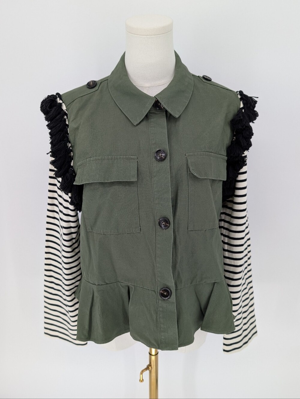 English Factory Mixed-Media Tassel Utility Jacket Striped Sleeve Army Green | M